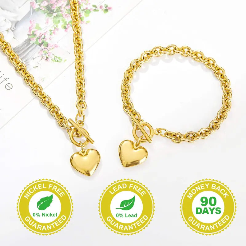 Women's Fashionable 2-Piece Stainless Steel Gold Hearts Jewelry Set - 0.3in Hypoallergenic Chain & Link Bracelet + 18.9in Necklace, 7.5in Toggle Clasp, Daily Durable Gift for Wife, Daughter_Gold