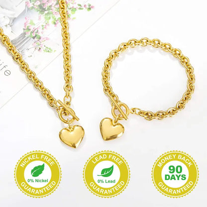 Women's Fashionable 2-Piece Stainless Steel Gold Hearts Jewelry Set - 0.3in Hypoallergenic Chain & Link Bracelet + 18.9in Necklace, 7.5in Toggle Clasp, Daily Durable Gift for Wife, Daughter_Gold