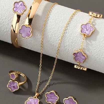 Flower Design Floral Motif Jewelry Set, Accessory Set, Fashionable Jewelry Set, Fashion Necklace & Bracelet & Bangle & Ring & Stud Earrings for Party, Daily Decor, Trendy All-match & Exquisite Jewelry for Birthday Gift