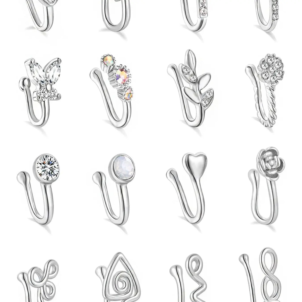 16Pcs African Faux Nose Cuff Non Piercing Inlaid Cubic Zirconia Clip on Nose Ring Star flower Leaf Heart Shape Nose Ring Fake Nose Cuff for Women Silver Gold Rose Gold Ton Nose Jewelry