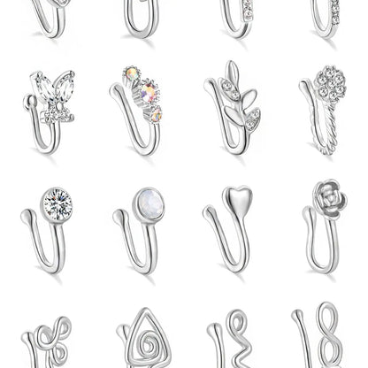 16Pcs African Faux Nose Cuff Non Piercing Inlaid Cubic Zirconia Clip on Nose Ring Star flower Leaf Heart Shape Nose Ring Fake Nose Cuff for Women Silver Gold Rose Gold Ton Nose Jewelry