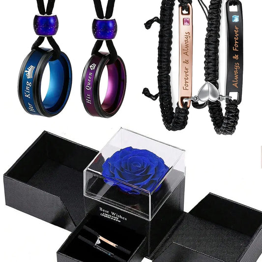4-piece couple's bracelet and necklace set, Couples jewelry set, couple's jewellery set includes a rose gift box, perfect gift for him/her, Valentine's Day, Christmas, anniversary gift