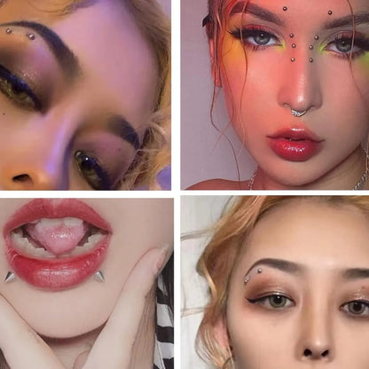 Non-Piercing Fake Eyebrow & Lip Labret Studs Set, Silver Color, 3/4/5mm Sizes, 100pcs Adhesive Included, Spike Design, Fake Piercings
