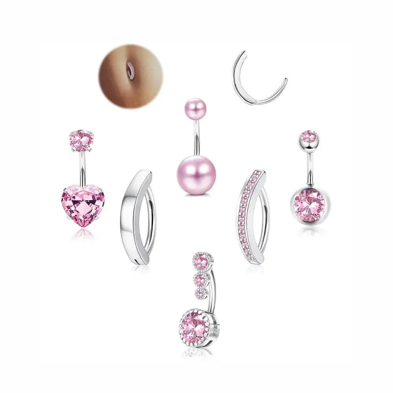 LOLIAS Women's Silver/14 Karat Gold Plated Surgical Stainless Steel CZ Clicker Belly Button Rings Pack for Navel Piercings