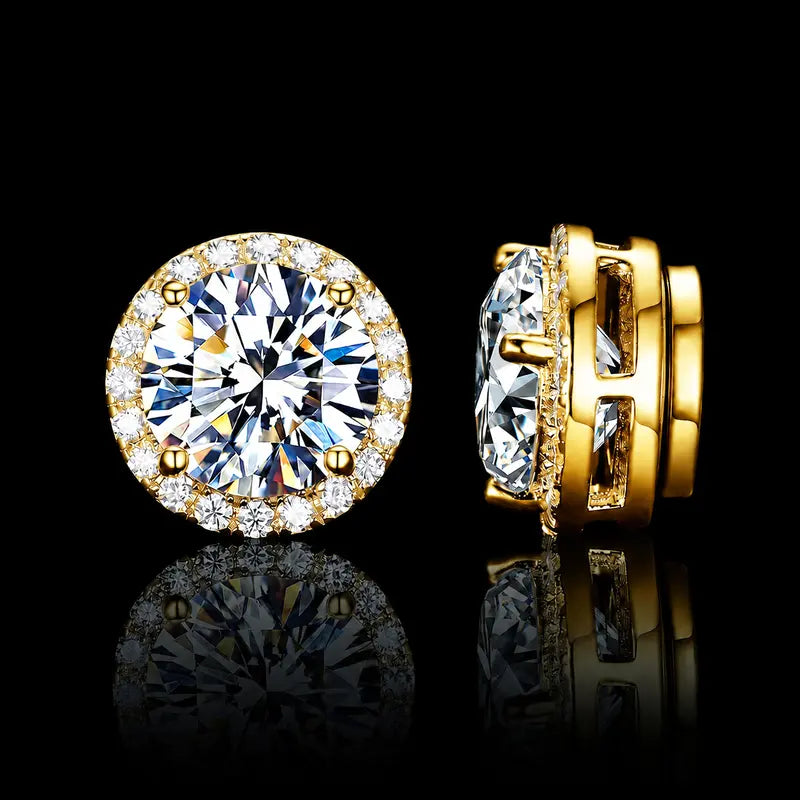 Round Magnetic Stud Earrings for Men Women, No Piercing Needed, Iced Out CZ Diamond Stud Earrings, Silver Tone/ Gold Plated Magnetic Earrings, Non Pierced Hip Hop Studs Gift Sparkling Ear Jewelry