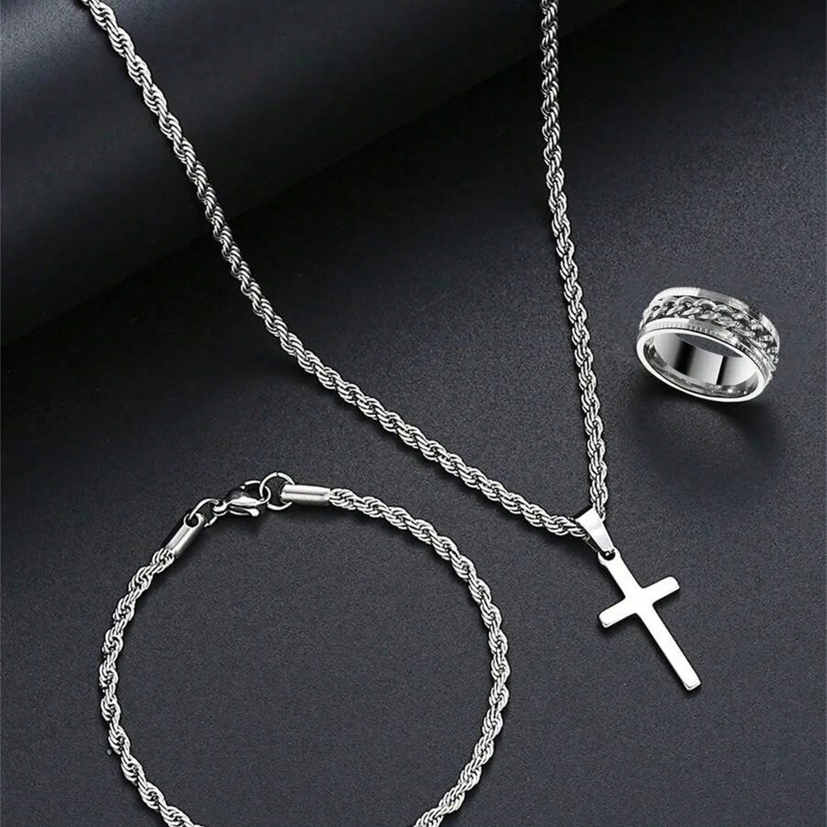 Men's Matching Elegant Western Fashion Jewelry Set with Cross Pendant Necklace, Hollow Chain Bracelet, Ring, Stainless Steel, Hypoallergenic, Perfect Gift, fashionable jewelry set, Necklace and Bracelet Set