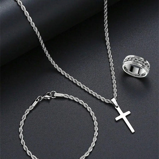 Men's Matching Elegant Western Fashion Jewelry Set with Cross Pendant Necklace, Hollow Chain Bracelet, Ring, Stainless Steel, Hypoallergenic, Perfect Gift, fashionable jewelry set, Necklace and Bracelet Set