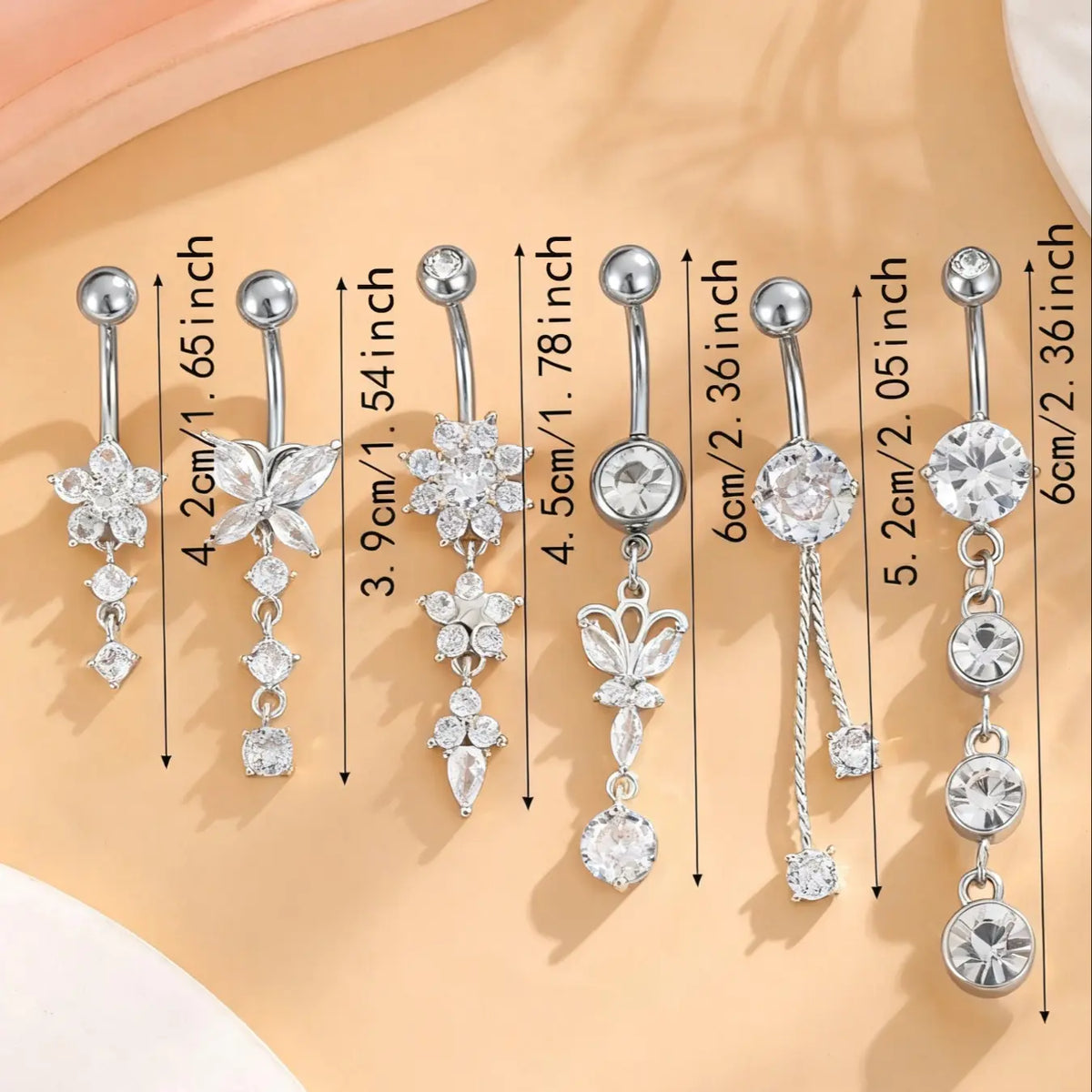 Women's Elegant Butterfly & Flower Design Belly Rings, Stainless Steel Sparkling Zircon Inlay Belly Button Rings, Navel Ring, Cute Trendy Belly Piercing Jewelry, Fashion Artificial Zircon Body Jewelry for Party & Daily Wear