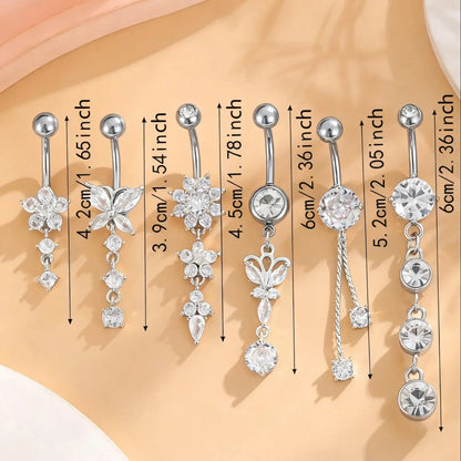 Women's Elegant Butterfly & Flower Design Belly Rings, Stainless Steel Sparkling Zircon Inlay Belly Button Rings, Navel Ring, Cute Trendy Belly Piercing Jewelry, Fashion Artificial Zircon Body Jewelry for Party & Daily Wear