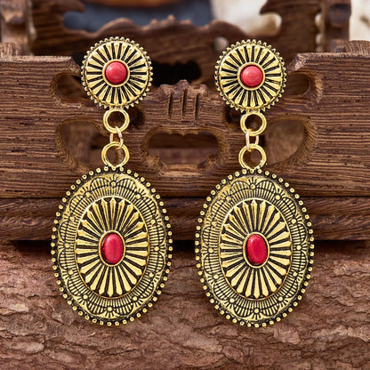 Vintage Western Inspired Stylish Jewelry Cowboy Style Totem Design Carved Geometric Shape Ethnic for Women, Good Earrings, High-Quality Versatile Bohemian Turquoise Jewelry