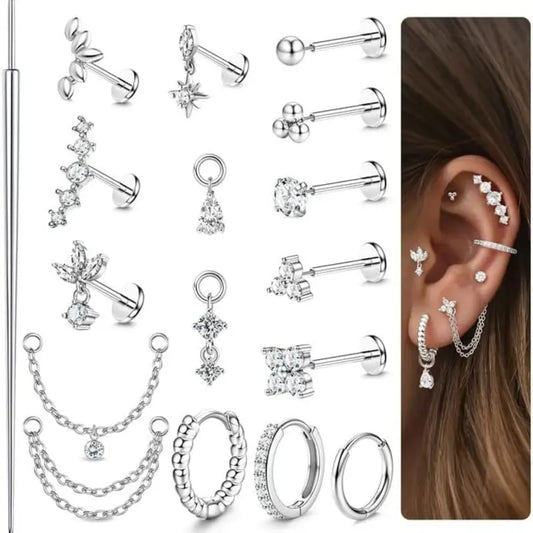 Milacolato 16pc Gift-Ready Elegant Surgical Steel Piercing Jewelry Set for Women, 16G-20G Push-In Easy Threadless Flat Back CZ Studs & Hoops - Nose Piercing, Labret, Conch Earrings, Mom Gifts, Casual Wear