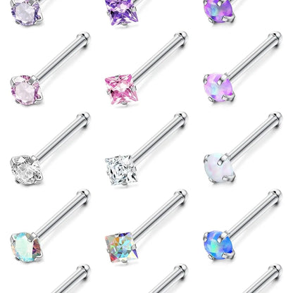 Hypoallergenic Nose Rings Set, 15 Pcs 18g & 20g Stainless Steel, L-Shaped Screw Studs with Cz Stones, Unisex Body Jewelry, Nose Piercing Jewelry, Cartilage Stud, Body Piercings