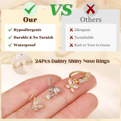 Women's Elegant Rhinestone Decor Nose Ring Set, Butterfly Nose Ring, Rhinestone Nose Rings, Trendy Exquisite Nose Piercing Jewelry, Chic Body Jewelry for Parties, Body Jewellery
