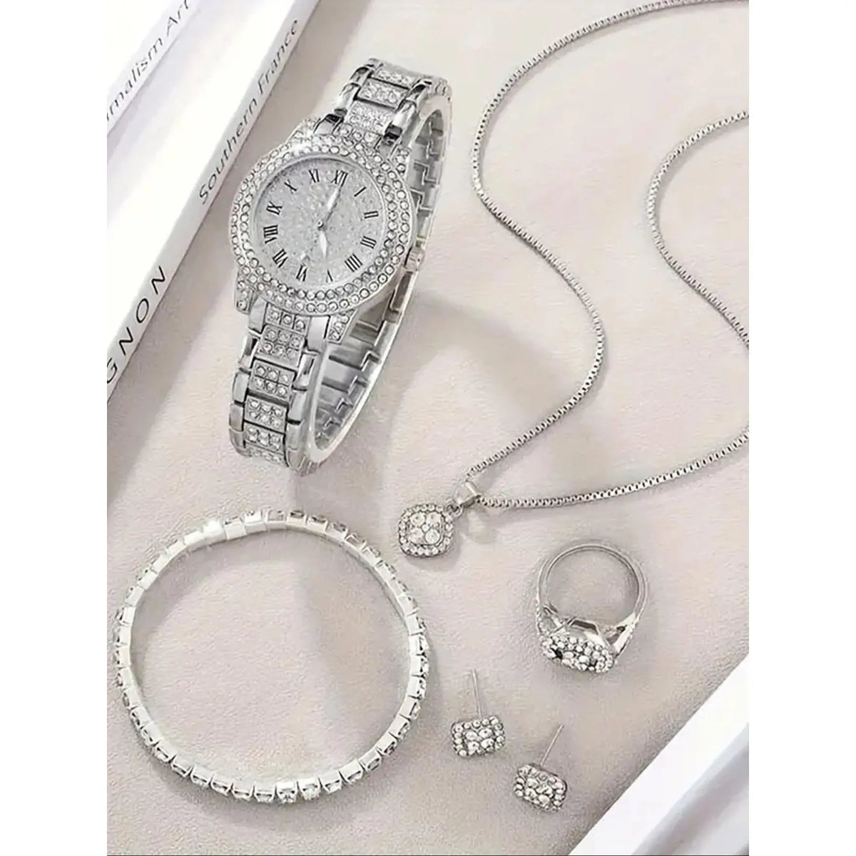 Women's Elegant Fashion Watch & Jewelry Set, Fashion Round Dial Wristwatch & Rhinestone Decorated Ring & Pendant Necklace & Bracelet & Ring, Exquisite Watch Set for Women