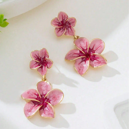 1 Pair Handmade Elegant Luxury Gradient Tie Dye Pink Drip Oil Layered Eggplant Flower Pendant Dangle Earrings For Women Dangling Earrings