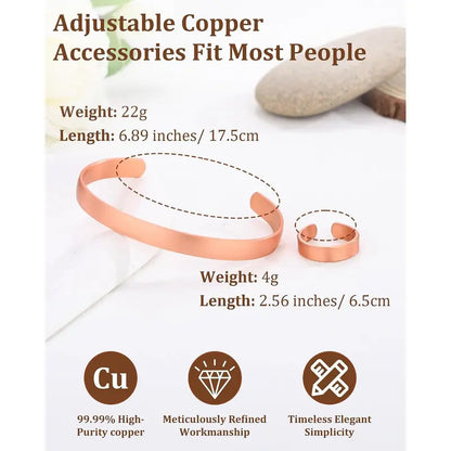 Pure Copper Bracelet & Ring for Women Men, 99.99% Solid  Copper Cuff Bangle, Adjustable   with  Box