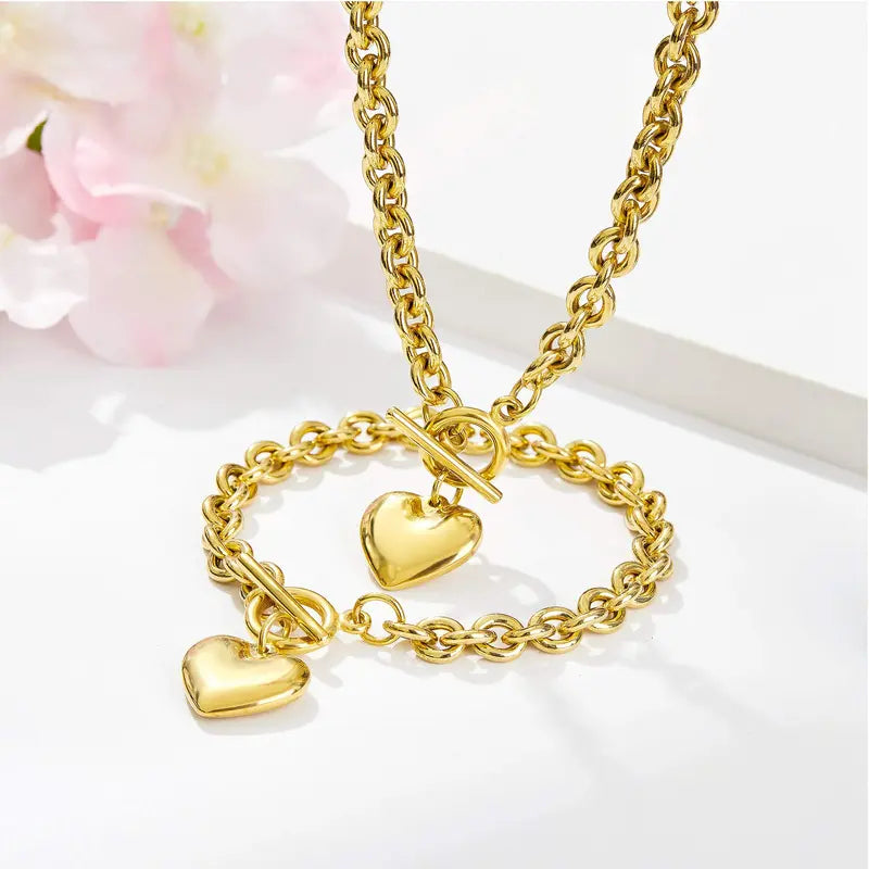 Women's Fashionable 2-Piece Stainless Steel Gold Hearts Jewelry Set - 0.3in Hypoallergenic Chain & Link Bracelet + 18.9in Necklace, 7.5in Toggle Clasp, Daily Durable Gift for Wife, Daughter_Gold