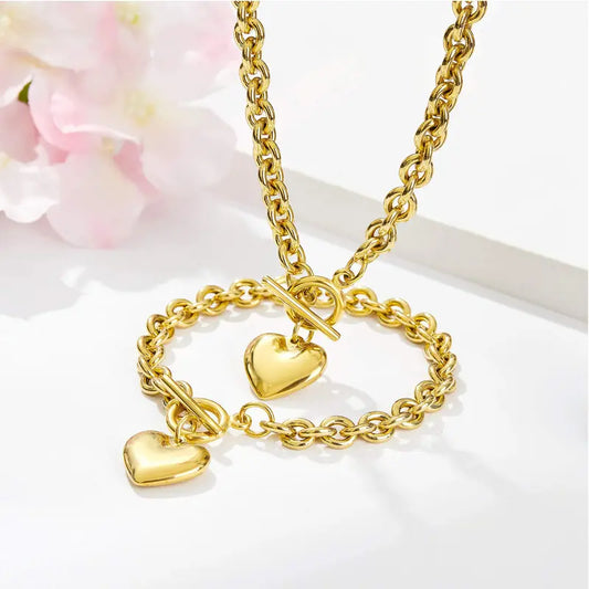 Women's Fashionable 2-Piece Stainless Steel Gold Hearts Jewelry Set - 0.3in Hypoallergenic Chain & Link Bracelet + 18.9in Necklace, 7.5in Toggle Clasp, Daily Durable Gift for Wife, Daughter_Gold