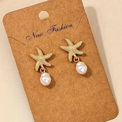 Starfish & Faux Pearl Decor Dangle Earrings, Stylish Jewelry for Women, Trendy All-match & Exquisite Jewelry for Birthday Gift, Trendy Fashionable Accessories, Beachy Earrings, Earrings Dangling
