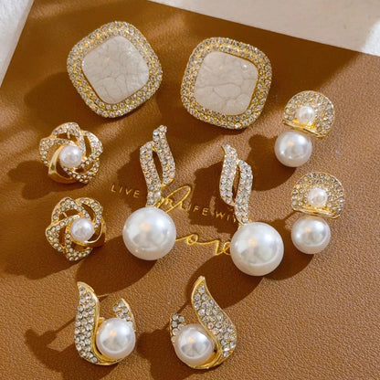 Elegant Faux Pearl & Rhinestone Jewelry Set, Fashion Jewelry for Party, Trendy All-match & Exquisite Jewelry for Birthday Gift, Fashionable Ear Studs Earrings, Shining Earrings, Unique Design Earrings, Stud Earring Sets, Jewellery