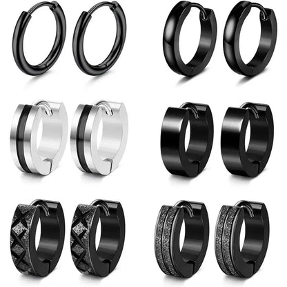 CASSIECA 6Pair Stainless Steel Earrings Set Classic Small Hoops, Helix Piercing Sleepers, Dome, Black Styles, Sleep Safe Jewelry for Men/Women, Men's Accessories Sohochic