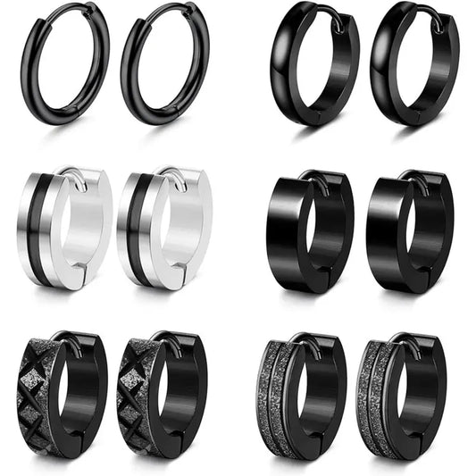 CASSIECA 6Pair Stainless Steel Earrings Set Classic Small Hoops, Helix Piercing Sleepers, Dome, Black Styles, Sleep Safe Jewelry for Men/Women, Men's Accessories Sohochic