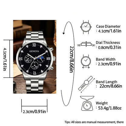 Trendy Silver Color Watch Face, Men's Roman Numerals Quartz Watch Set with Necklace Bracelet Ring, Perfect Birthday Gift for Him, Fashionable Jewelry Set
