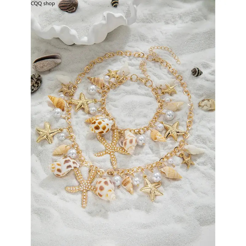 Unisex Nautical Ocean-Themed 2-Piece Alloy Artificial Pearl Jewelry Set - Star Sports Wristbands, Seashell Geometric Necklace, Durable and Refined Appearance, for Everyday Wear, Gifting