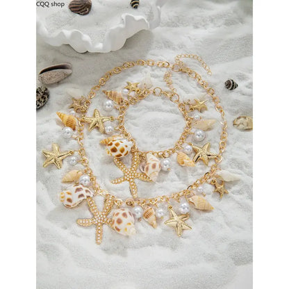 Unisex Nautical Ocean-Themed 2-Piece Alloy Artificial Pearl Jewelry Set - Star Sports Wristbands, Seashell Geometric Necklace, Durable and Refined Appearance, for Everyday Wear, Gifting