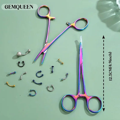 GEMQUEEN Rust-Proof Stainless Steel Piercing Taper Pliers Ball Grabber Piercing Kit - 4.7in Curved/Straight Forceps, 14G/16G/18G Sizes, Acrylic-Safe, Secure Hold, Internal Thread Insertion Pins, for Earlobe Helix Tragus Body Jewelry Adjustment