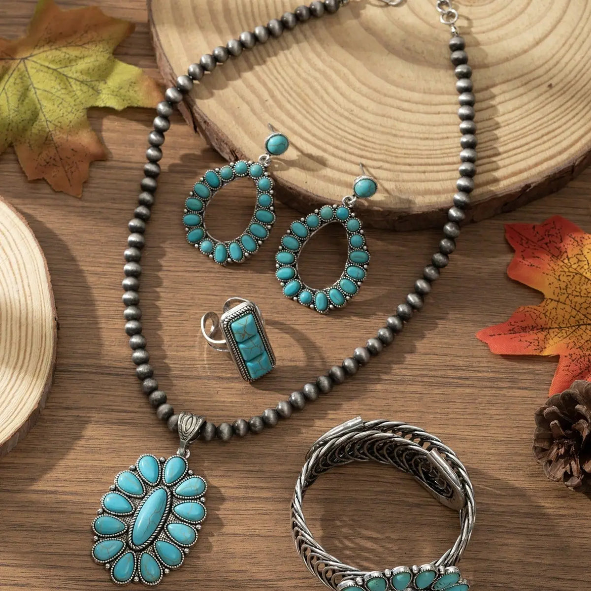 4 Pcs Bohemian Vintage Personalized Waterdrop Geometric Zinc Alloy Turquoise Necklace, Earrings, Bracelet and Ring Set, Elegant Boho Jewelry Set, Suitable for Daily Wear, Party and Holiday Outfits