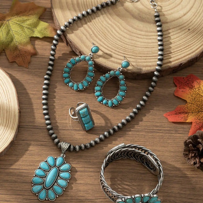 4 Pcs Bohemian Vintage Personalized Waterdrop Geometric Zinc Alloy Turquoise Necklace, Earrings, Bracelet and Ring Set, Elegant Boho Jewelry Set, Suitable for Daily Wear, Party and Holiday Outfits