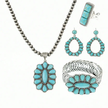 4 Pcs Bohemian Vintage Personalized Waterdrop Geometric Zinc Alloy Turquoise Necklace, Earrings, Bracelet and Ring Set, Elegant Boho Jewelry Set, Suitable for Daily Wear, Party and Holiday Outfits