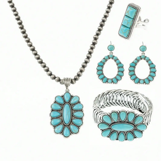 4 Pcs Bohemian Vintage Personalized Waterdrop Geometric Zinc Alloy Turquoise Necklace, Earrings, Bracelet and Ring Set, Elegant Boho Jewelry Set, Suitable for Daily Wear, Party and Holiday Outfits