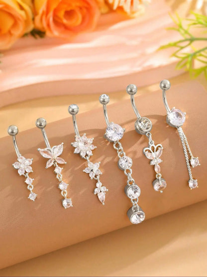 Women's Elegant Butterfly & Flower Design Belly Rings, Stainless Steel Sparkling Zircon Inlay Belly Button Rings, Navel Ring, Cute Trendy Belly Piercing Jewelry, Fashion Artificial Zircon Body Jewelry for Party & Daily Wear