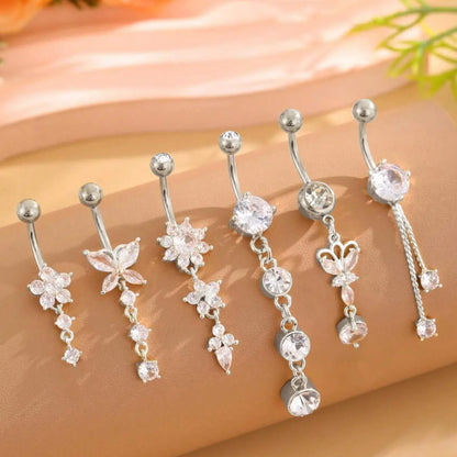 Women's Elegant Butterfly & Flower Design Belly Rings, Stainless Steel Sparkling Zircon Inlay Belly Button Rings, Navel Ring, Cute Trendy Belly Piercing Jewelry, Fashion Artificial Zircon Body Jewelry for Party & Daily Wear