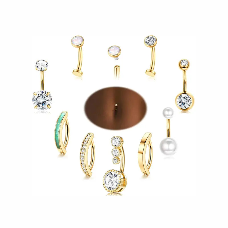 LOLIAS Women's Silver/14 Karat Gold Plated Surgical Stainless Steel CZ Clicker Belly Button Rings Pack for Navel Piercings