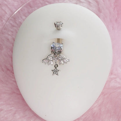 Summer Fashion Unique Design Artificial Zircon Star Wing Pendant Navel Ring, Navel Piercings, Fashion Sweet Style Stainless Steel Belly Button Piercing Jewelry, Belly Button Rings