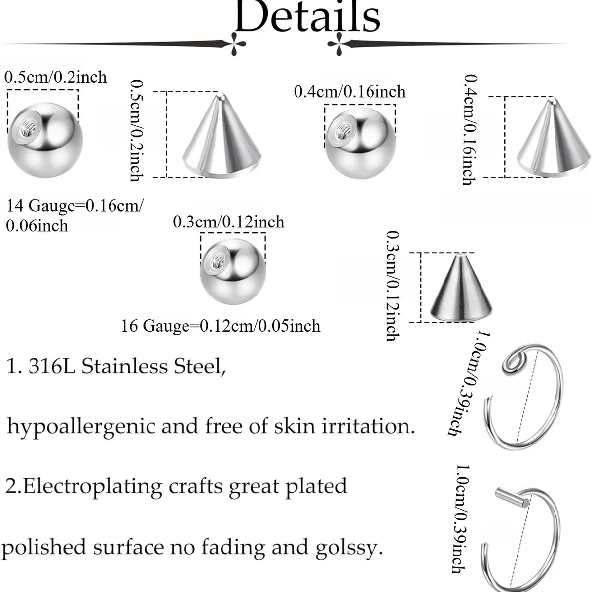 Non-Piercing Fake Eyebrow & Lip Labret Studs Set, Silver Color, 3/4/5mm Sizes, 100pcs Adhesive Included, Spike Design, Fake Piercings