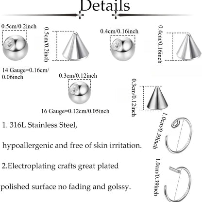 Non-Piercing Fake Eyebrow & Lip Labret Studs Set, Silver Color, 3/4/5mm Sizes, 100pcs Adhesive Included, Spike Design, Fake Piercings