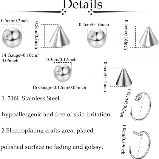 Non-Piercing Fake Eyebrow & Lip Labret Studs Set, Silver Color, 3/4/5mm Sizes, 100pcs Adhesive Included, Spike Design, Fake Piercings