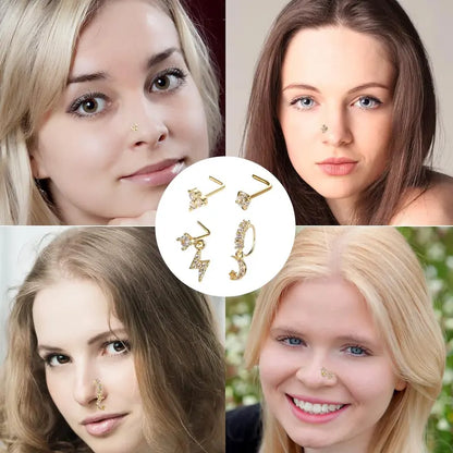 20Pcs 20G Gold Tone Nose Rings Set for Women, Stainless Steel L Shaped Nose Studs & C Shaped Dangle Rings, CZ Butterfly Flower Moon Star Nostril Piercing Jewelry