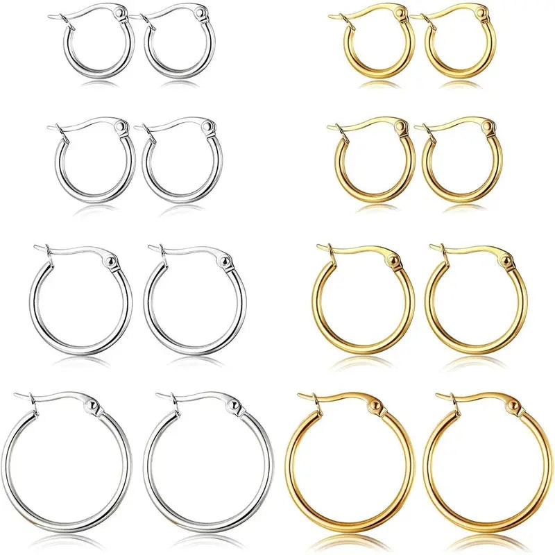 CASSIECA 4Pair Stainless Steel Earring Stack Set Hypoallergenic Gold Plated, Silver, Lightweight Classic Hoop Earrings, 10MM 20MM Huggie Hoops Fashion Jewelry Accessories for Summer Sohochic