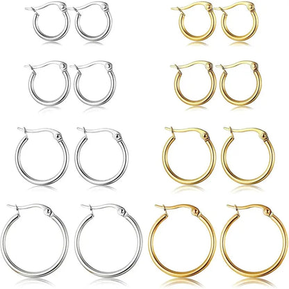CASSIECA 4Pair Stainless Steel Earring Stack Set Hypoallergenic Gold Plated, Silver, Lightweight Classic Hoop Earrings, 10MM 20MM Huggie Hoops Fashion Jewelry Accessories for Summer Sohochic