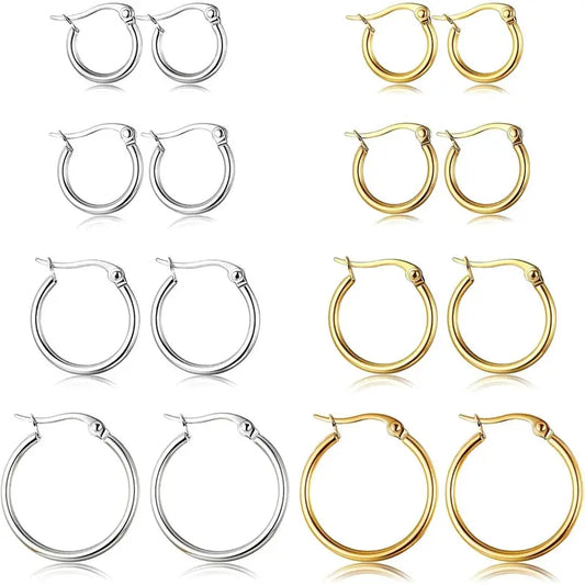 CASSIECA 4Pair Stainless Steel Earring Stack Set Hypoallergenic Gold Plated, Silver, Lightweight Classic Hoop Earrings, 10MM 20MM Huggie Hoops Fashion Jewelry Accessories for Summer Sohochic