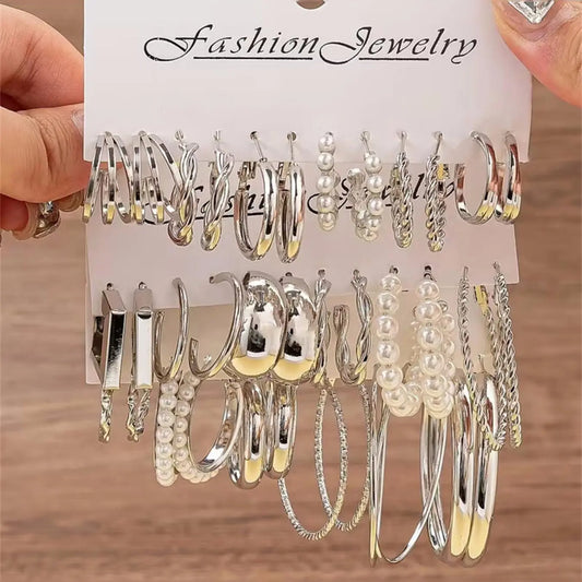 Silver Color Circle Shape Earrings Set 36 Pcs, Unique Design High-End Ear Cuffs for Women, New Year Fashion Trendy Round Earring Accessories, Fashionable Jewelry Accessories, Stylish Jewelry, Earring Hoops