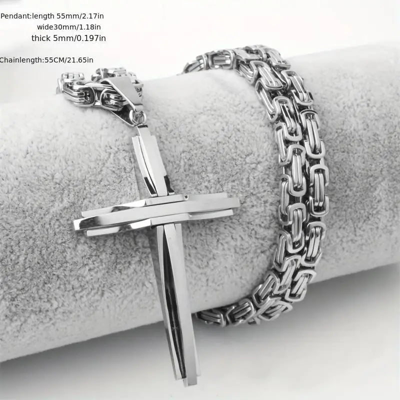 2pcs Mens Stainless Steel Silver Jesus Cross Pendant Necklace Chain Bracelet Set Jewelry, High-quality Religious Cross Pendant, Men'S Daily and Gift-giving Accessories, Suitable for All Seasons
