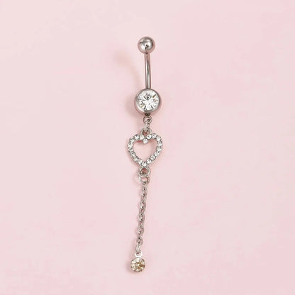 Stainless Steel Cubic Zirconia Heart Pattern Belly Ring, Unisex Punk Piercing Jewelry, Navel Piercing Jewelry, Fashion Body Accessories, Body Jewellery, Heart Design Chain, Perfect Gift for Any Occasion, Belly Button Rings
