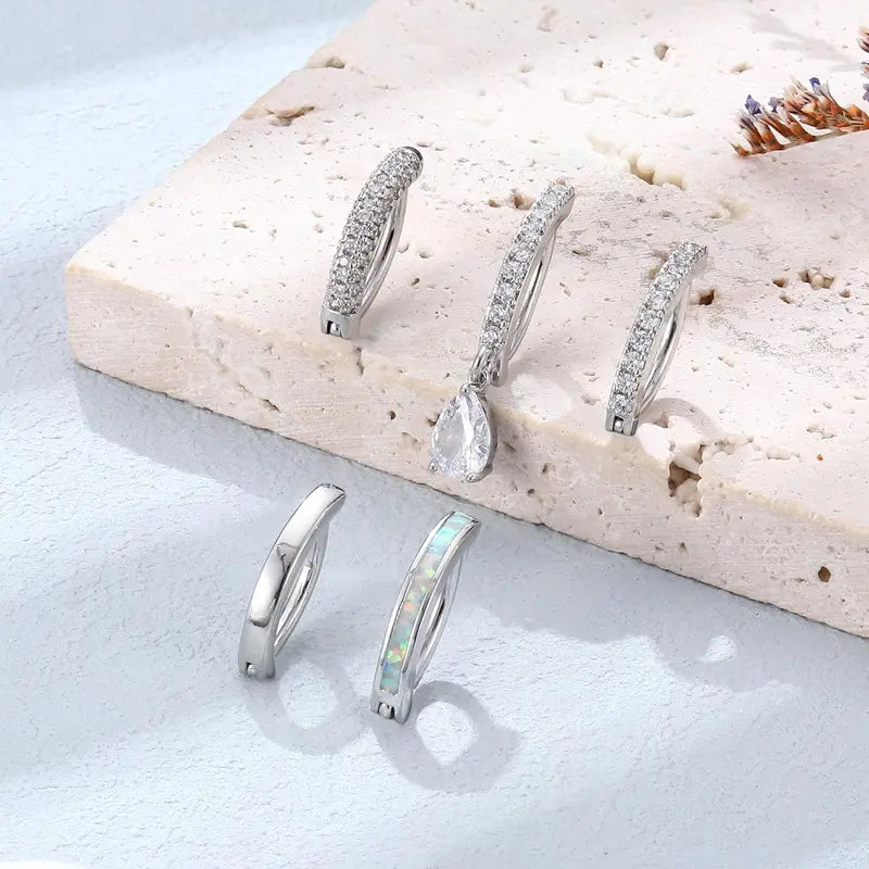 Sanfenly Women's 5Pcs 14G Minimalist Opal Belly Button Rings Set, Silver-Gold Hypoallergenic Body-Safe Piercing Jewelry, Dainty Gemstone Hoop CZ Clicker Accessories for Everyday Wear
