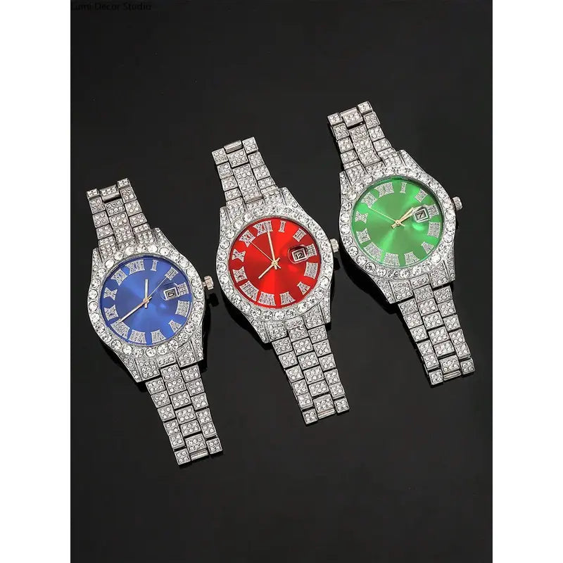 Unisex 3-Piece Punk Jewellery Exquisite Watch Set, Set Includes Rhinestone Shine Cross Pendant Necklace, Adjustable Alloy Bracelet & Exquisite Watch for Everyday Wear